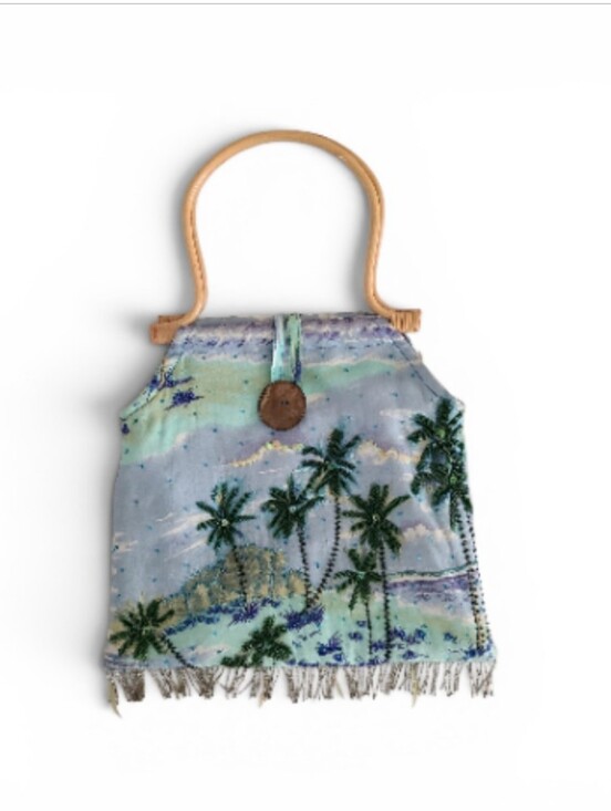 Handbags - Vintage Hand-Embellished Tropical Tote Bag W/ Bamboo Handles